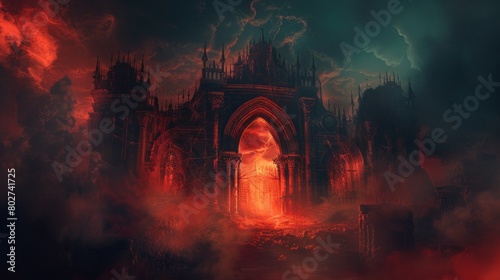 Sinister night landscape with heaven and hell gates, souls in torment amidst smoke and darkness, eerie mist and cobwebs surrounding a fiery, red glowing entrance photo