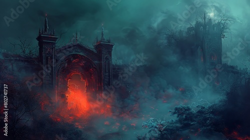 Sinister night landscape with heaven and hell gates, souls in torment amidst smoke and darkness, eerie mist and cobwebs surrounding a fiery, red glowing entrance photo