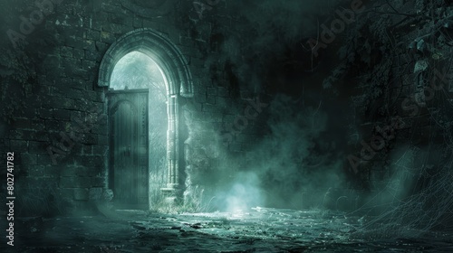 Sinister open space at night with a door casting light in a smoky dungeon setting, hellish ring gate and mist-covered cobwebs, creating a haunting vista