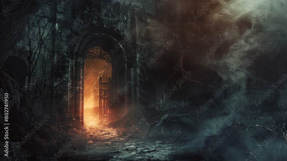 Spooky light from an open door in a dungeon setting, with a background of hell, smoky ring gate, and dark, mist-covered forest, creating a menacing vibe