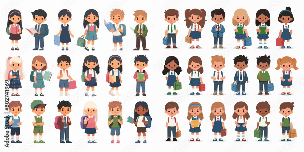 set of school children boys and girls with backpacks and books set isolated on white background. vector illustration.