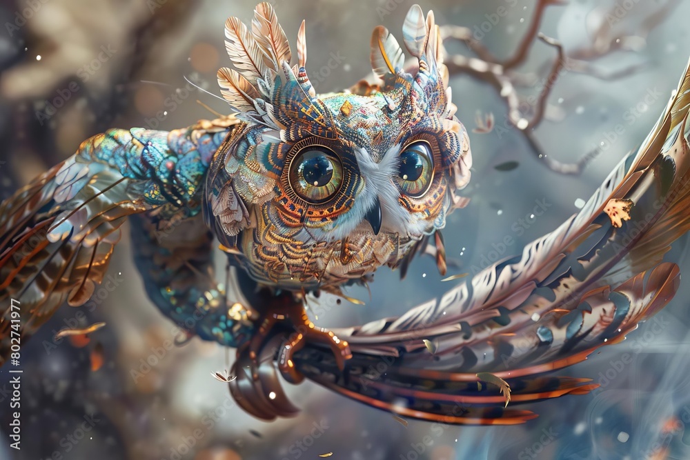 Imaginative portraits of surreal animal hybrids, combining features of various species into one, such as an owl with the tail of a fish, set against fantastical backdrops Imaginative portraits of surreal animal hybrids, combining features of various species into one, such as an owl with the tail of a fish, set against fantastical backdrops