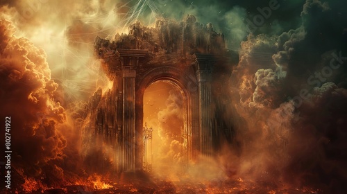 Striking visual contrast between the fiery, dark gate of hell filled with suffering souls and the peaceful, light-filled door of heaven, enveloped in cobwebs and mist