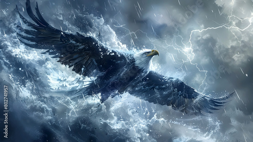Mighty Thunderbird Soaring Through Raging Storm with Crackling Electricity © lertsakwiman