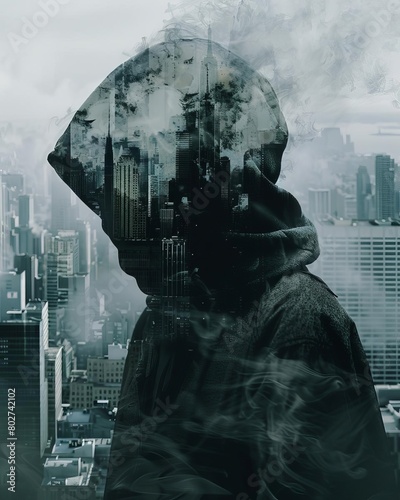An intriguing visual of a person wearing an invisible cloak, with the technology partially revealed, blending into various urban and natural backgrounds