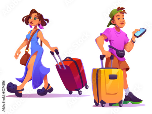 Man and woman travel with suitcase. Tourist people on vacation trip with luggage. Young character go abroad in summer holiday isolated icon set. Male passenger walk with phone and baggage design © klyaksun