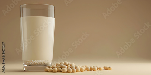  Soymilk and soybean on yellow background for Health Benefits of Soya Milk, Glass and bottle full of soy milk  for organic healthy product concept
 photo
