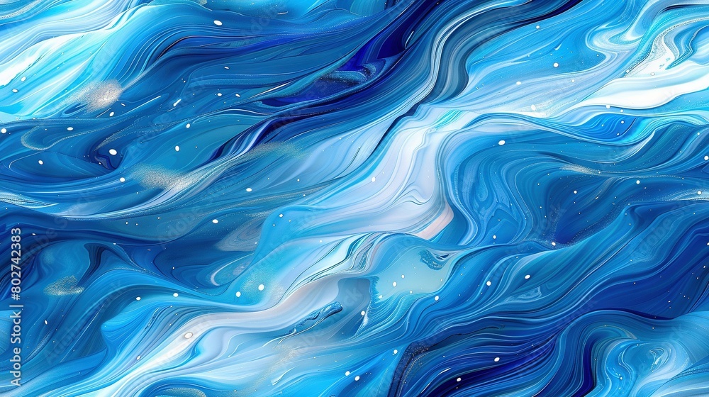 A painting of vibrant blue and white swirls against a serene white and blue backdrop, featuring glistening bubbles and celestial stars above A painting of vibrant blue and white swirls against a serene white and blue backdrop, featuring glistening bubbles and celestial stars above