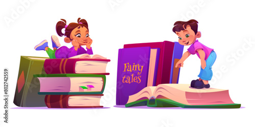 Kids reading books for school or library concept. Cartoon vector illustration set of little boy and girl laying and standing on big literature with hardcovers. Cute children study or enjoy textbooks. © klyaksun