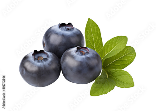A pile of ripe blueberries with vibrant green leaves, isolated on a transparent background with a close up view. Generative AI