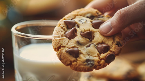 A shot of a hand dunking a chocolate chip cookie into a glass of milk, capturing the moment of indulgence