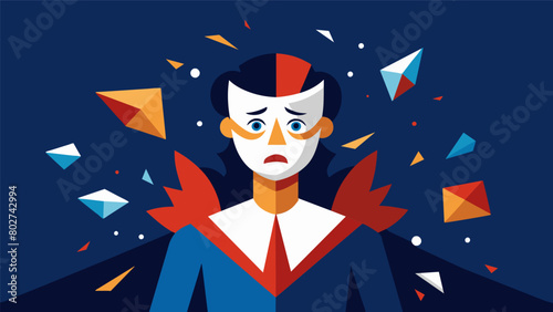 In a play the main character wears a mask with fragmented pieces highlighting the fragmented and deceptive nature of their manipulative tactics..