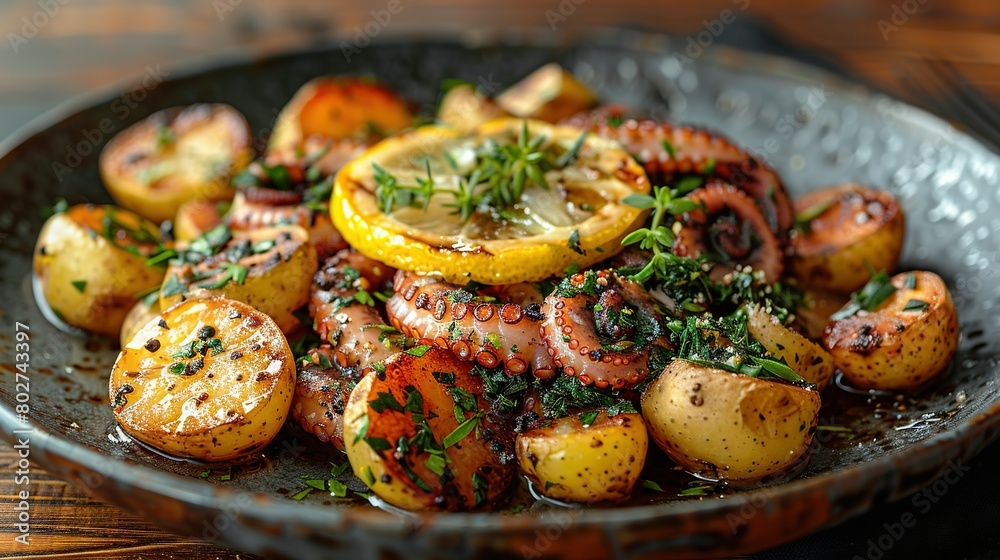   Close-up photo of a dish featuring creamy mashed potatoes and a juicy orange atop it, with fresh herbs adorning the rim