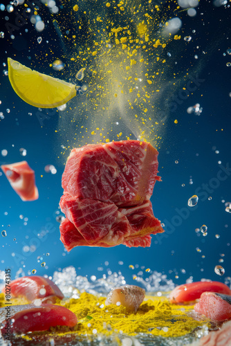 Tuna meat falls into the surrounding atmosphere like a lake., generative ai