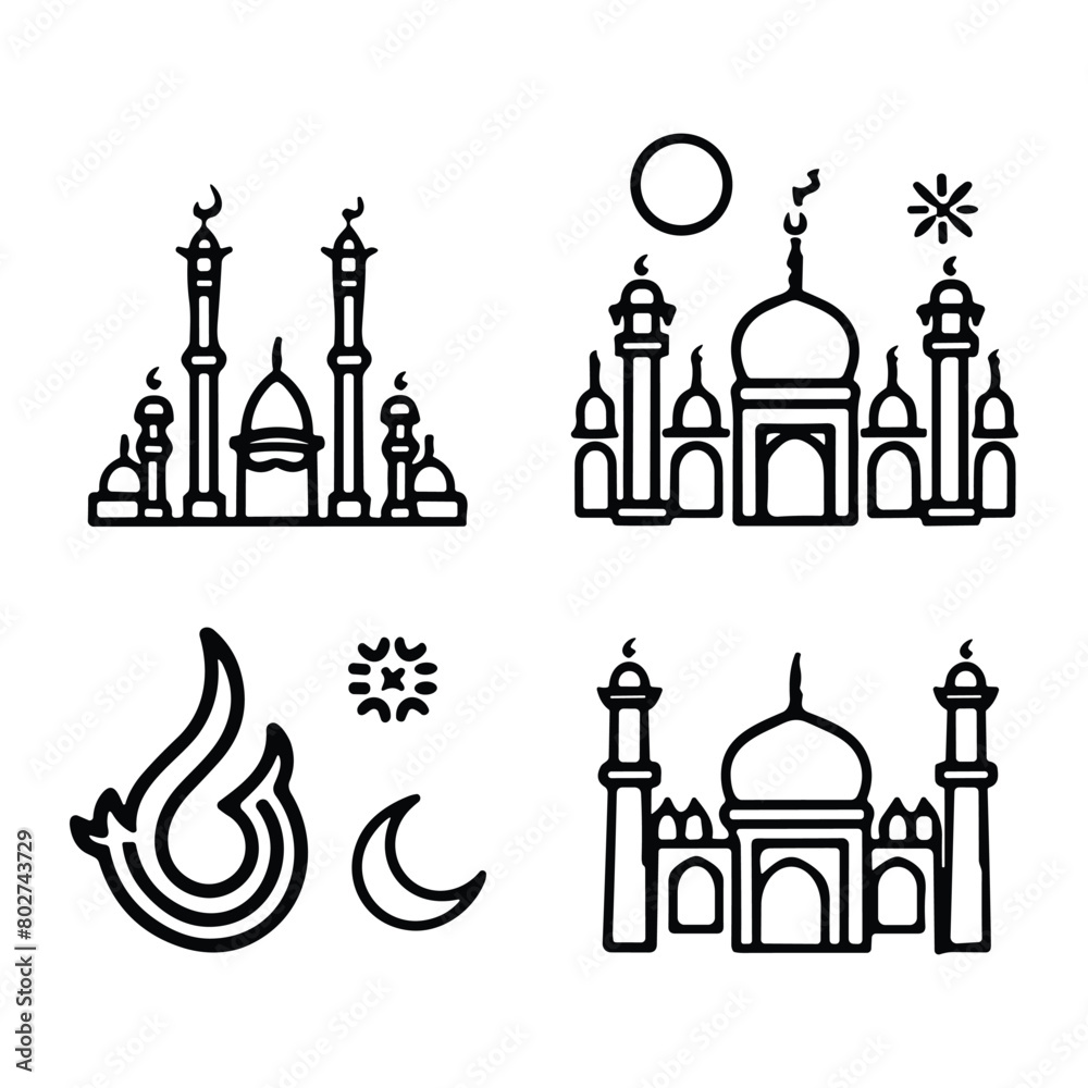 Islamic icons, such as mosque, quran, carpet, ramadan and more.