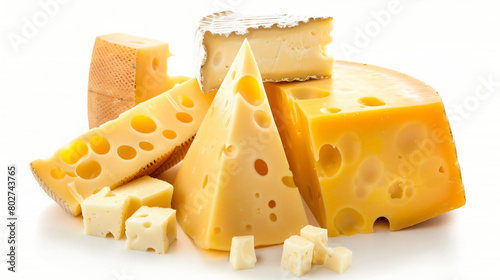 Pieces of tasty cheese on white background