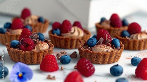   A dessert-topped table features mini treats covered in chocolate frosting and adorned with raspberries and blueberries © Olga