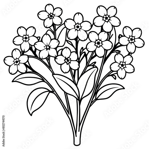 Forget Me Not Flower Bouquet outline illustration coloring book page design, Forget Me Not Flower Bouquet black and white line art drawing coloring book pages for children and adults