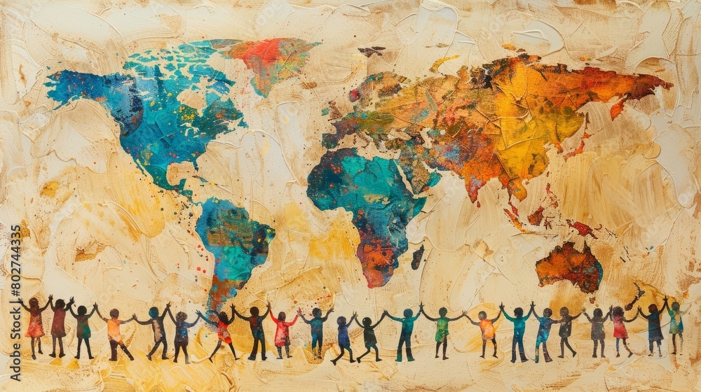 Fototapeta premium Children of the world holding hands around the globe