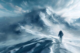 Solitary Trekker Braving the Icy Blizzard of a Frozen Wilderness Landscape