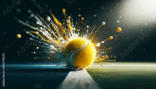 A close-up of a tennis ball hitting the ground, with a dynamic burst of yellow and white color splashes to suggest its bounce, in an abstract artistic.