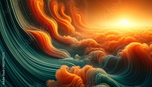 An intimate detail of an orange and teal wave pattern with a particle mist, suggestive of a sunset over the ocean.
