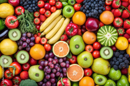 Different colorful fruits and vegetables all over the table in full frame studio shot