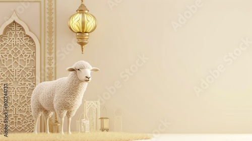 Close-up of sheep in golden field at sunset, pastoral farm scene. Eid ul-Adha with sacrificial animal, Eid ul Adha backgrounds with mosque. Eid Mubarak Islamic background template 3d illustration