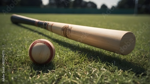 A majestic cricket bat and ball resting on the lush green grass of the cricket ground, waiting to be picked up by a skilled player.