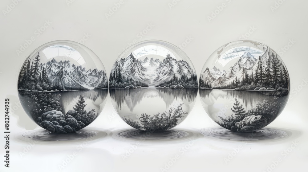 Three glass balls with mountain landscapes inside them.
