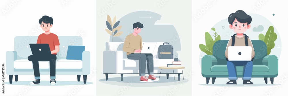 man sitting on sofa with laptop. flat vector illustration