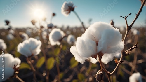A close-up of a cotton plant, with its delicate white fibers glistening in the sunlight, ready to be harvested. photo