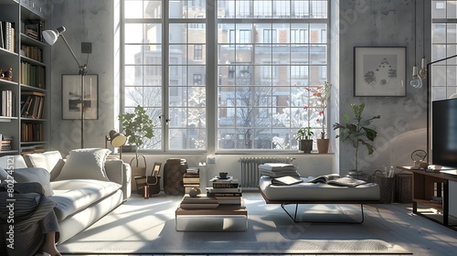 cozy furniture arrangements that invite relaxation and leisure. cozy modern apartment, illuminated by natural light pouring in through oversized windows, adorned with tasteful decorations  photo