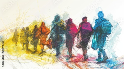 An abstract painting of a group of people walking in a line, carrying bags and wearing colorful clothing.