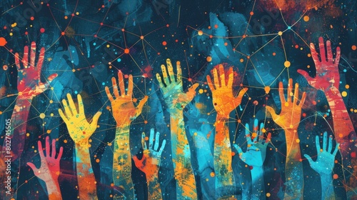 Colorful watercolor hands reaching up on a dark blue background with white dots and lines.