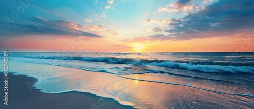 Serene Sunset Seascape with Waves on Tropical Beach