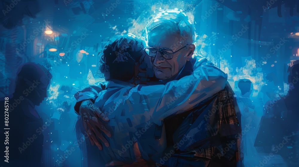 An elderly man and a young man hugging in a crowd of people. An elderly man and a young man hugging in a crowd of people.