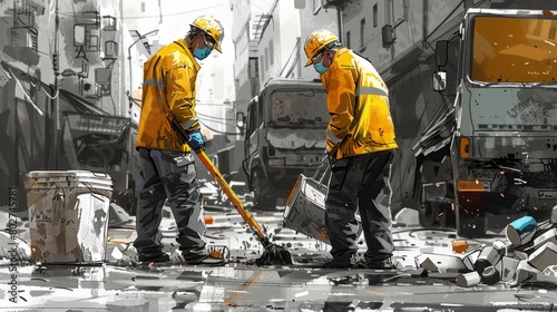 Two sanitation workers wearing hard hats and surgical masks clean up debris from a busy street.