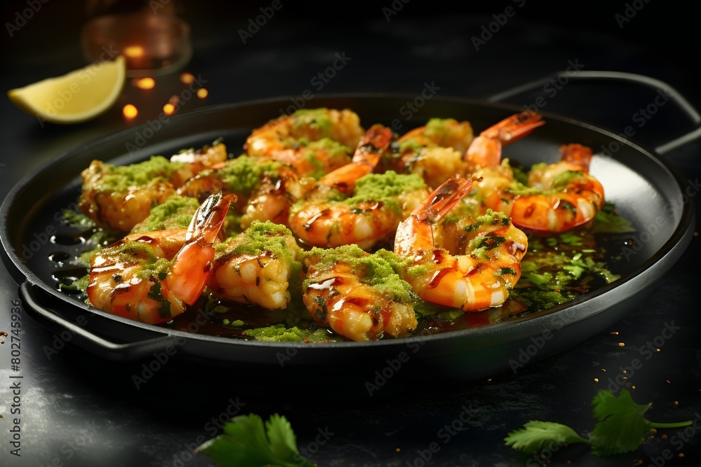 Close-up of lemon shrimp grilled on a frying pan, generated by AI. Close-up of lemon shrimp grilled on a frying pan, generated by AI.