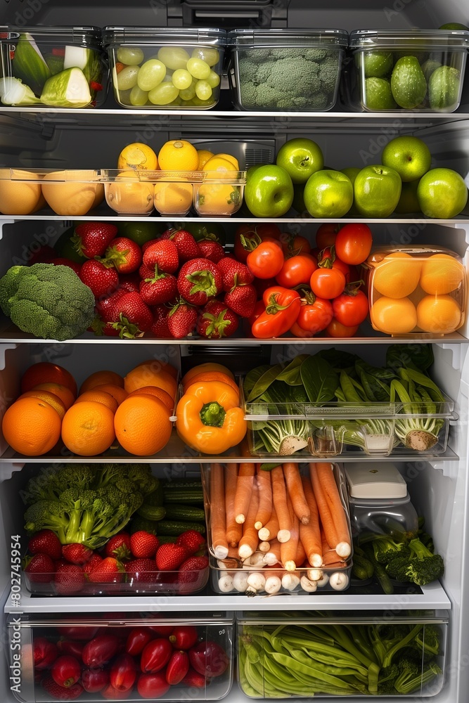 Assortment of healthy food in the fridge Assortment of healthy food in the fridge