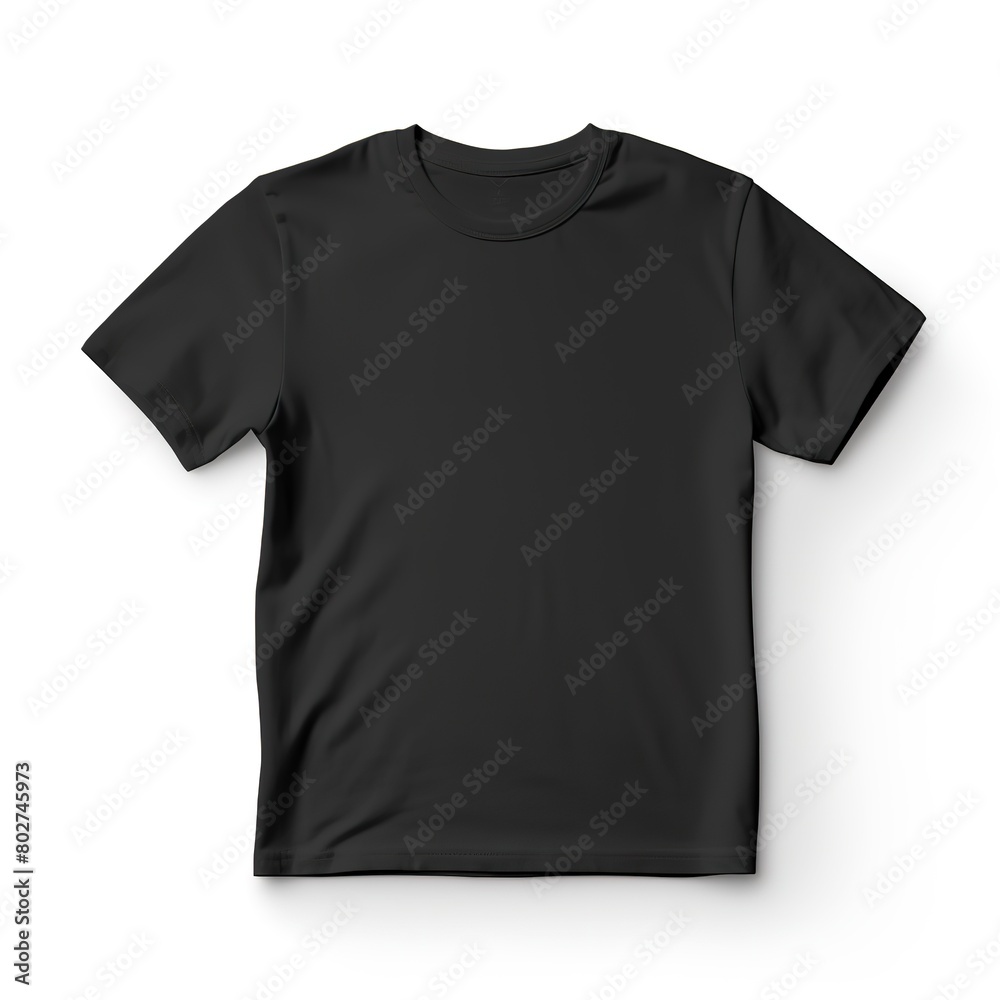 a black t-shirt with a black design is hanging on a white wall. a black t-shirt with a black design is hanging on a white wall.