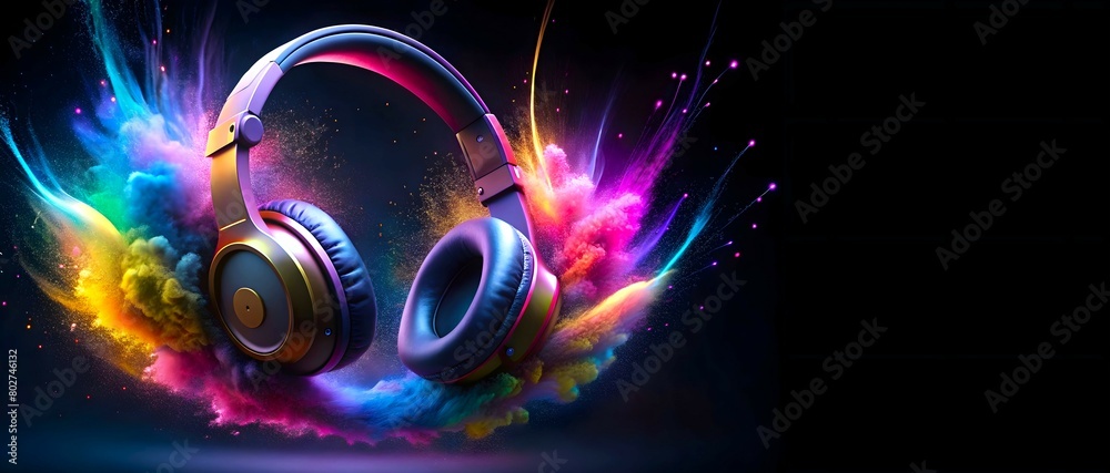A headphone with colorful powder blast explosion effect on dark background representing World Music Day