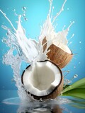 Splashes of milk and water fly in different directions with pieces of coconut on a blue background, created by ai