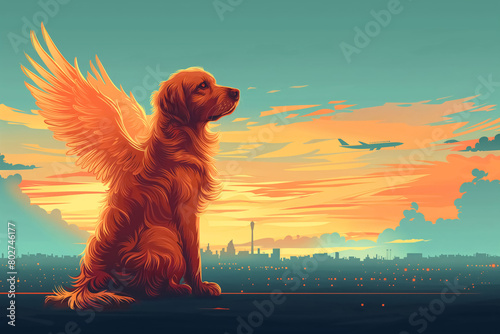 Dog with wings representing dog lives lost during transportation in a cargo area of an airplane