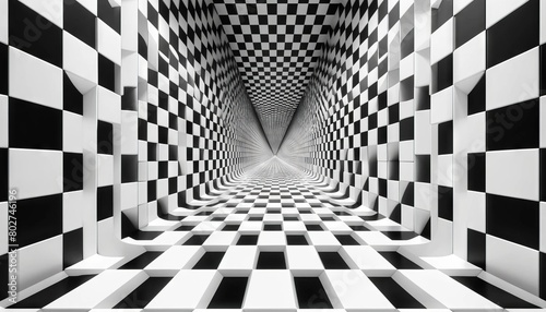 A narrow corridor with checkered walls that seem to converge and diverge, creating an illusion of changing dimensions. photo