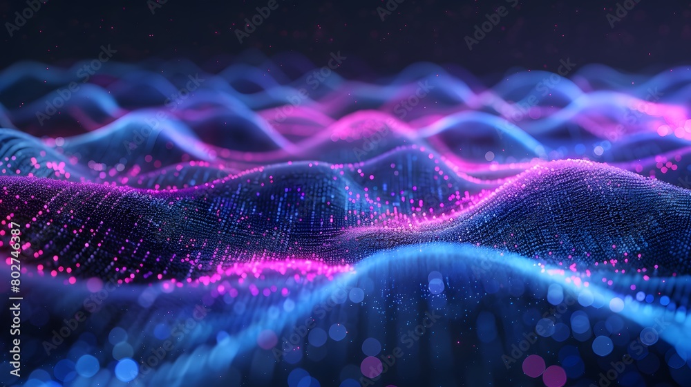 3D render of an abstract glowing neon wave background with bokeh 