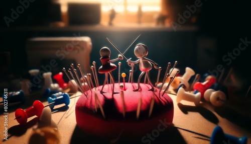 A close-up scene of a thumbtack character, fencing with a needle on a pin cushion 'arena'. photo