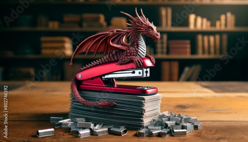 A stapler shaped like a fierce but friendly dragon, perched atop a stack of papers, guarding a hoard of shiny staples on a desk. photo