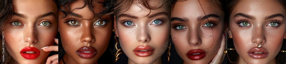 Beautiful collage of sexy bright makeup emotional women with bright lips and effect eyes Closeup Beautiful collage of sexy bright makeup emotional women with bright lips and effect eyes Closeup