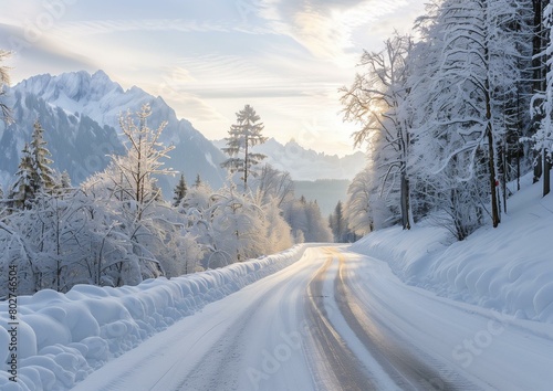 Winter Wonderland Scenic Road with Snow-Covered Trees and Mountain Range at Sunrise